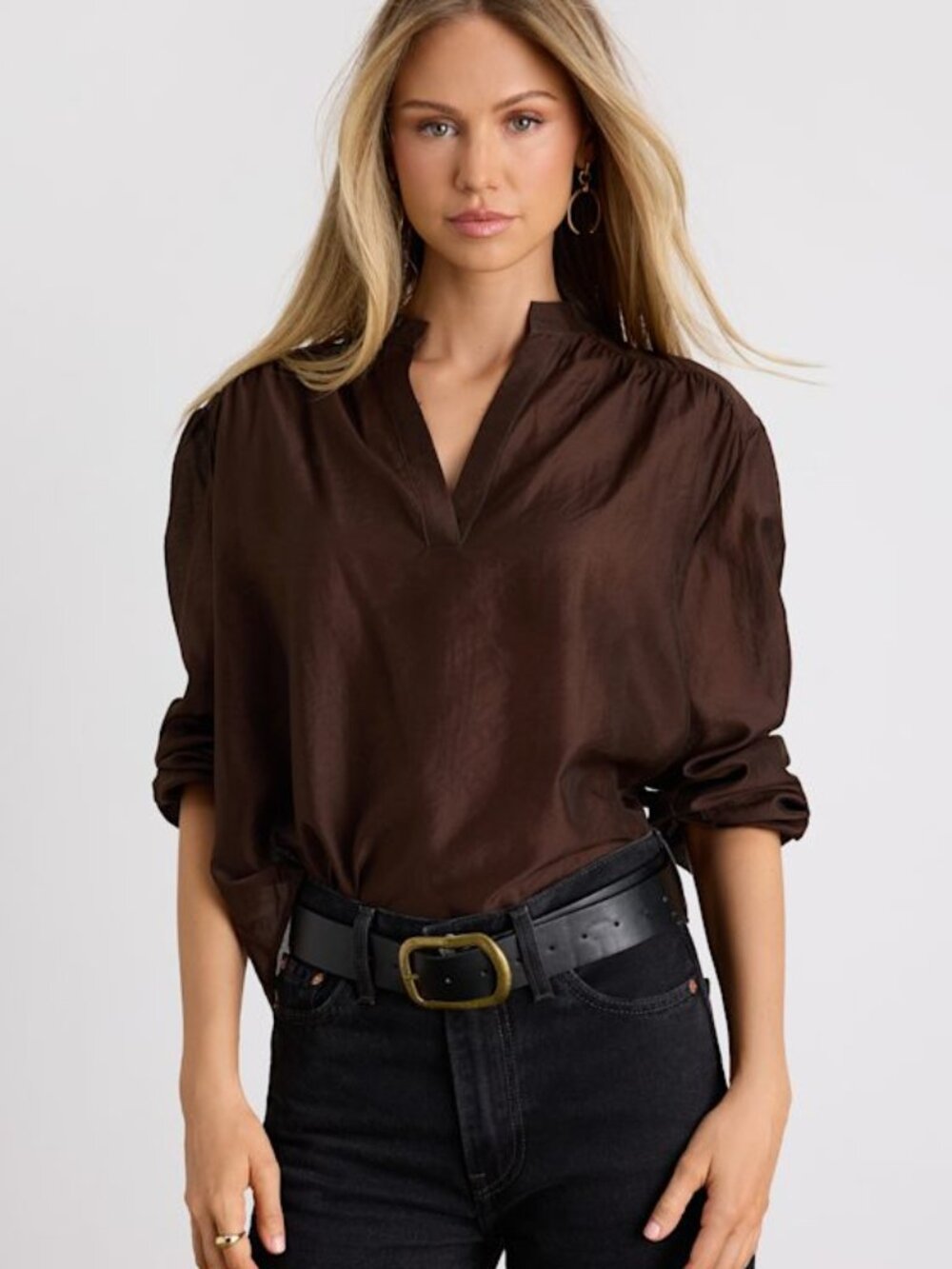 NWT Lulus Zhena Dark Brown Gathered Balloon Sleeve Top - Size M